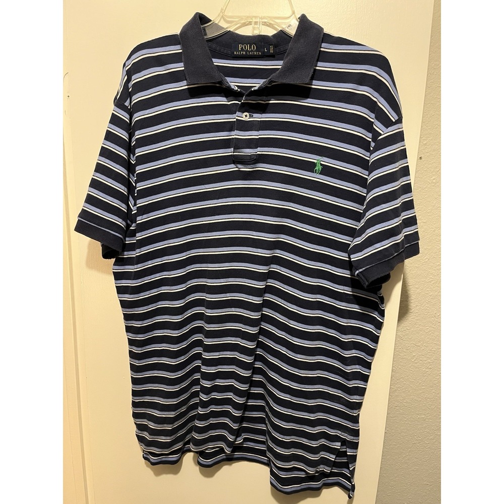 Polo Ralph Lauren Polo Shirt Mens Large Blue Striped Short Sleeve Pony Logo NWT